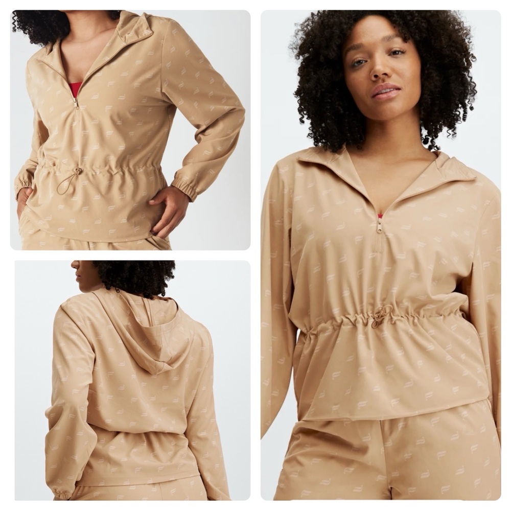 NEW Fabletics Rosa Woven Jacket Quarter Zip Hoodie Sandy Brown / Logo Size Small